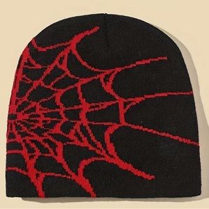 Goth Spider Web  Beanie Y2K Knitted Warm Beanie Hip Hop Unisex red and black